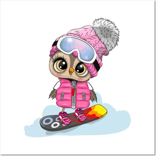 Cute owl on a snowboard Posters and Art